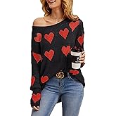 Tutorutor Womens Cute Love Heart Print Sweaters Oversized Off The Shoulder Loose Knitted Valentine Pullover Blouse Top