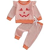 Baby Girl Halloween Outfit Cute Ruffles Waffle Pumpkin Face Sweatshirt Top and Pants Toddler Girl Fall Outfits