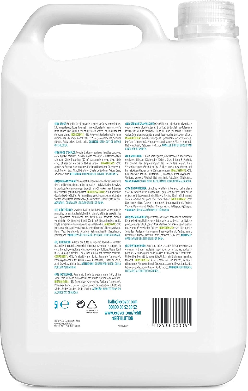 Ecover All Purpose Cleaner Refill, Tackles Dirt & Grime, for Hard Surfaces Lemongrass & Ginger Scent, Pack of 1, 1 x 5L - Image 3