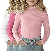 LessonZoo 3 Pack Girls Lettuce Trim Mock Neck Cotton Long Sleeve Shirts, 5-14 Years Ribbed Slim Tops Casual Layer Basic Tees