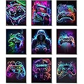Ucninvd Game Posters Wall Art Set of 9, Neon Gaming Wall Decor Game Room Decor Paintings, Video Gamer Accessories Canvas Picture Prints for Boys Gamer Teen Room Bedroom Decor 8x10In Unframed