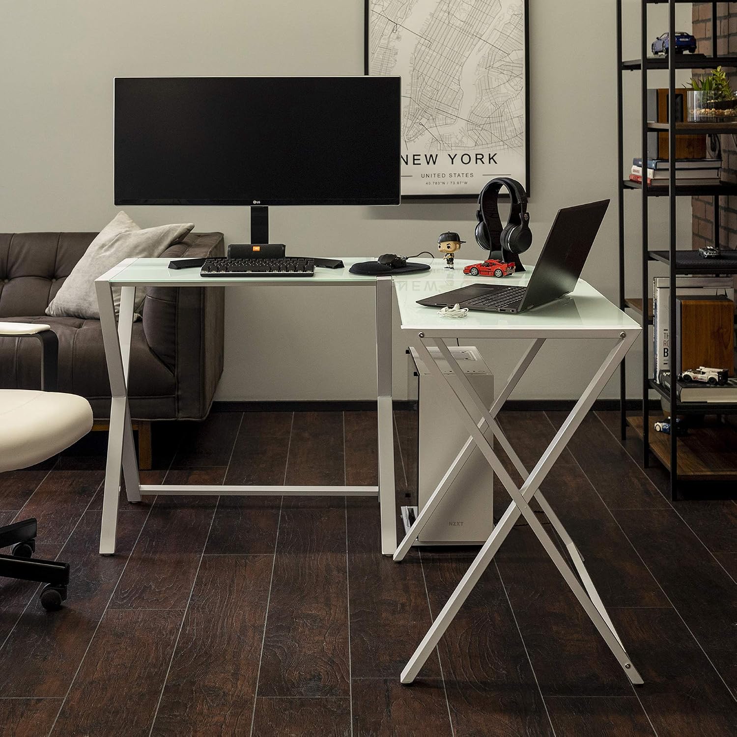 Walker Edison Elite Soreno Glass Corner Computer Desk, White, 51 Inch - Image 4