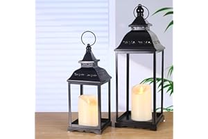 HAVITI 2 Pack Outdoor Lantern for Porch, Black Decorative Farmhouse Lanterns Indoor, 17'' 12'' Lantern (no Glass) with 2PCS LED Flameless Candles for Porch Halloween Christmas Wedding Fireplace
