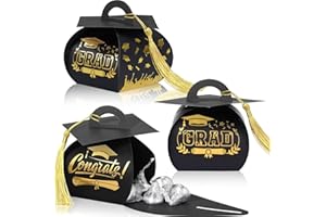 Spakon 30 Pcs Graduation Cap Gift Box Graduation Party Favors Candy Boxes Treat Box with Tassel Table Centerpieces Class of 2025 Grad Decorations(Black, Gold)