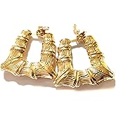 Clip-on Earrings Bamboo Hoop Earrings Square Puffed Gold Earrings 2.5 inch Hoops