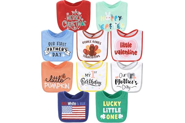 The Peanutshell Baby Boy or Girl Terry Bibs Set of 10-100% Cotton, Soft, Absorbent Baby Bibs, Unisex Toddler Boy or Girl Set,