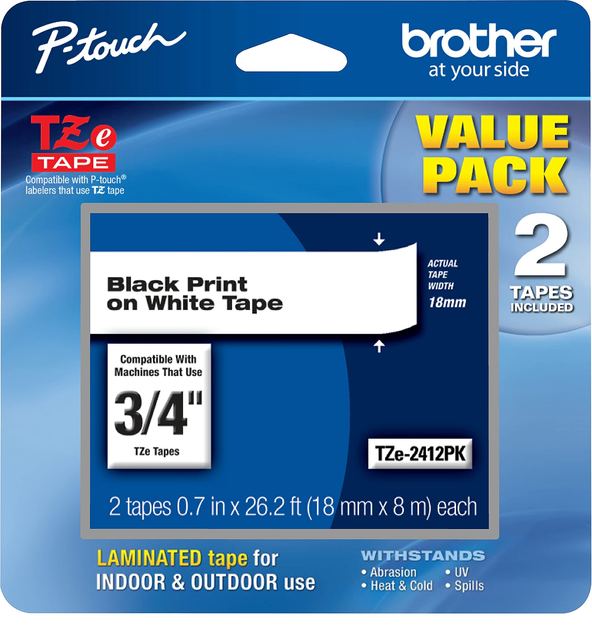 Brother Genuine, TZe2412PK, 2 Pack of Label Tape, Black Font On White Label, TZe241,Black on White