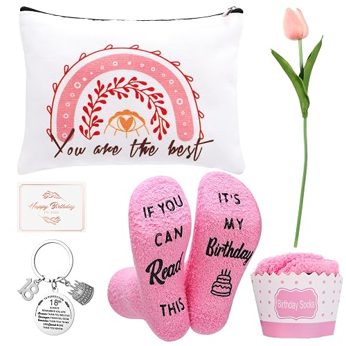 ViEinkaufen 18th Birthday Gifts for Girls, 18 Years Fluffy Socks with Inspirational Keyring & Makeup Bag Set Perfect 18 Year Old Gifts for Daughter, Birthday Present for Granddaughter, Niece, Friends
