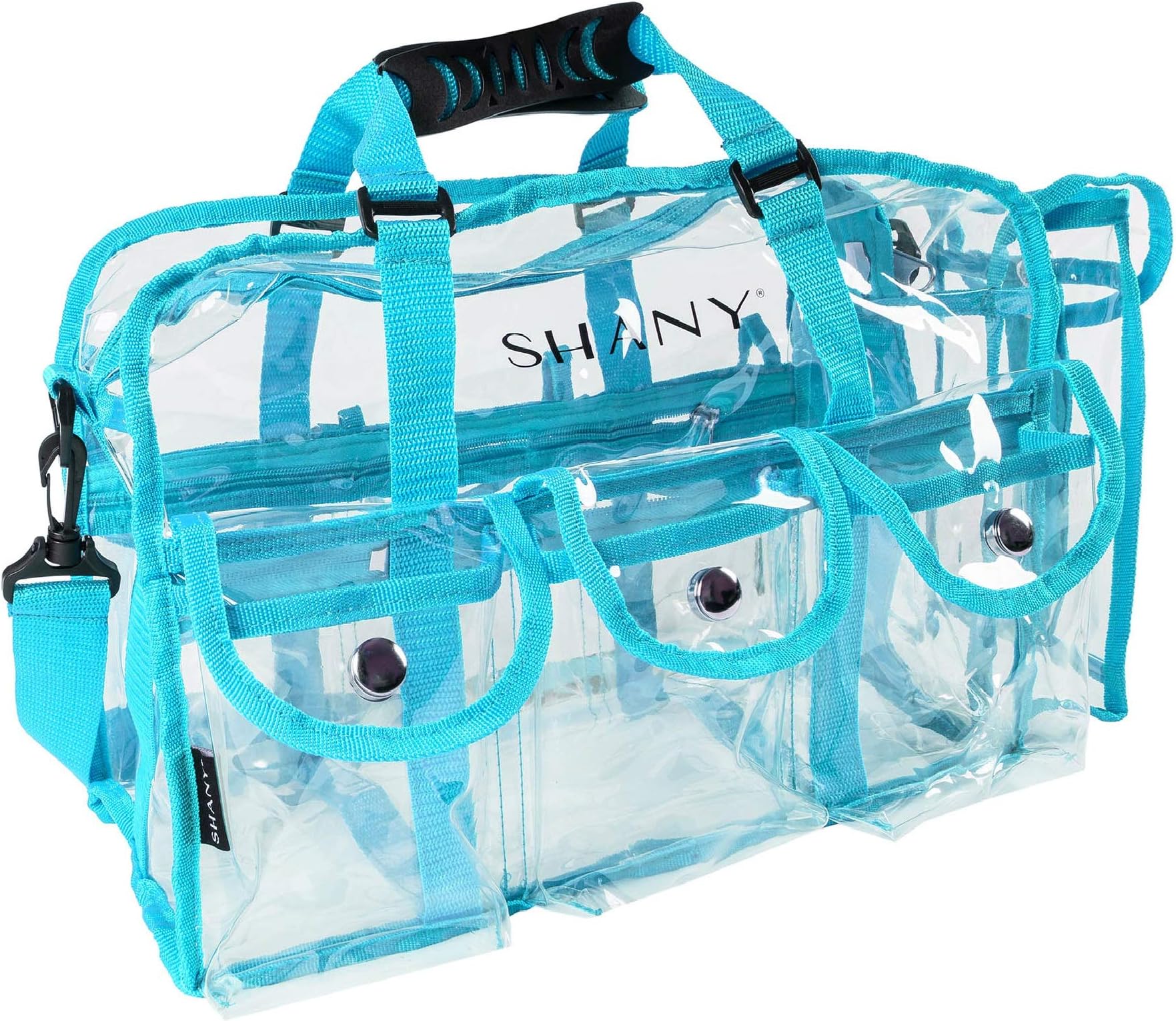 SHANYCosmetics Shany clear pvc makeup bag - large professional makeup artist rectangular tote with shoulder strap and 5 external pockets - blue, Blue
