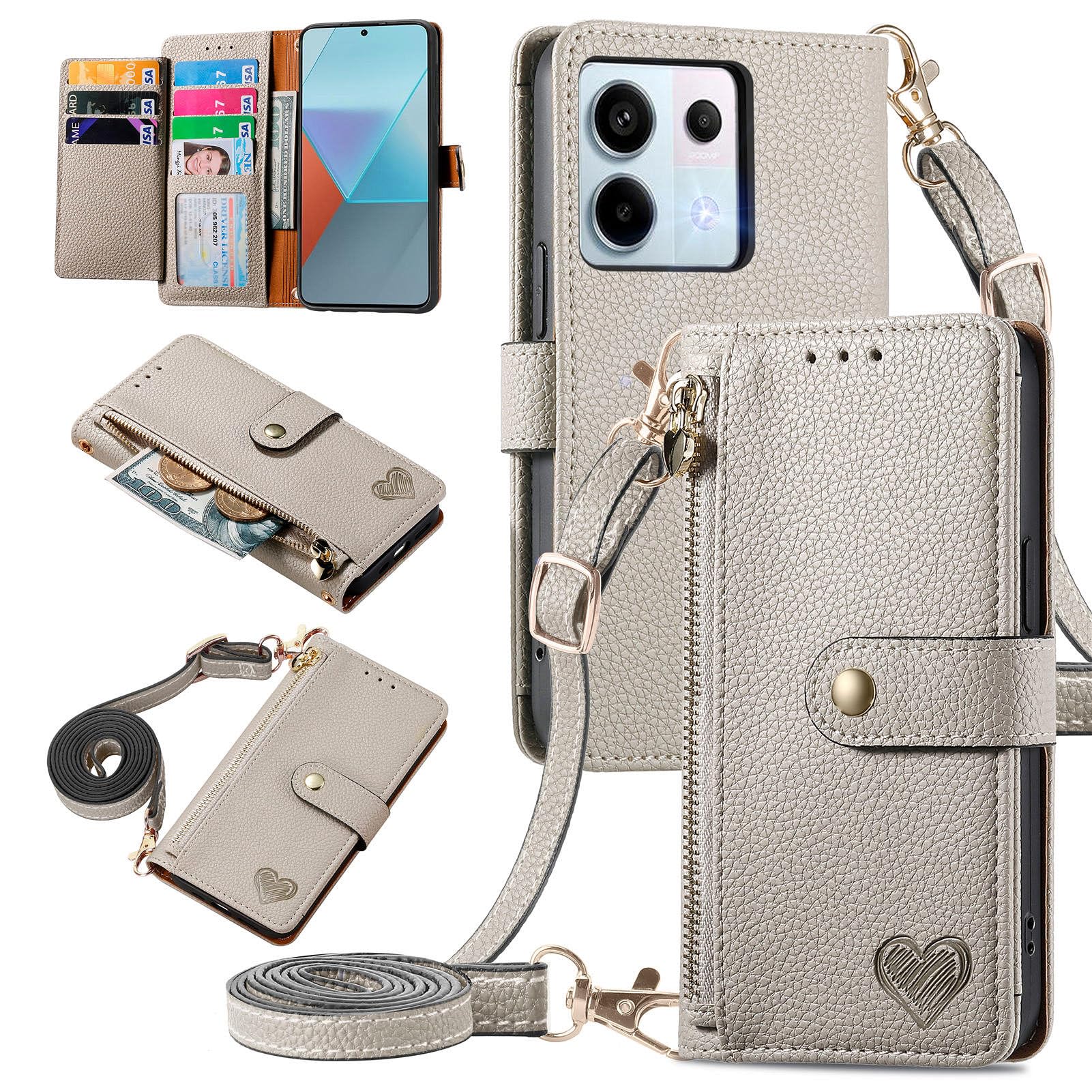 MOJIA Flip Case For Xiaomi Redmi Note 13 Pro 5G / Poco X6 5G, Leather Zipper Flip Wallet Case Cover [with Shoulder Belt], Card Holder Multifunctional Anti-fall Phone Shell. Grey