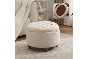WUTUTUEE 24Inch Round Storage Ottoman with Tray, Modern Tufted Fabric Circle Coffee Table with Storage, Upholstered Ottoman with Removable Top for Living Room, Bedroom, Khaki