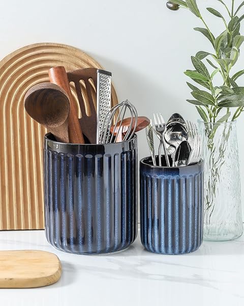 HASENSE KITCHEN UTENSIL HOLDER,7.3″ + 5.7″ COOKING UTENSIL HOLDER FOR KITCHEN COUNTER, LARGE UTENSIL CROCK FOR FARMHOUSE DECOR, UTENSIL STORAGE ORGANIZER FOR SPATULA, SET OF 2, NAVY BLUE
