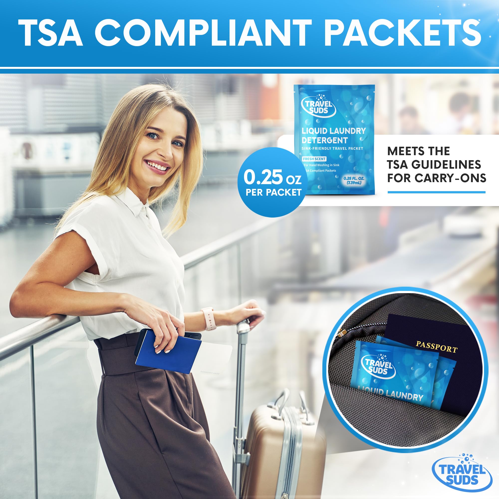 TravelSuds Laundry Detergent Packets (20 Pack) | Travel Detergent for Hand Washing in Sink, Includes Free Sink Stopper