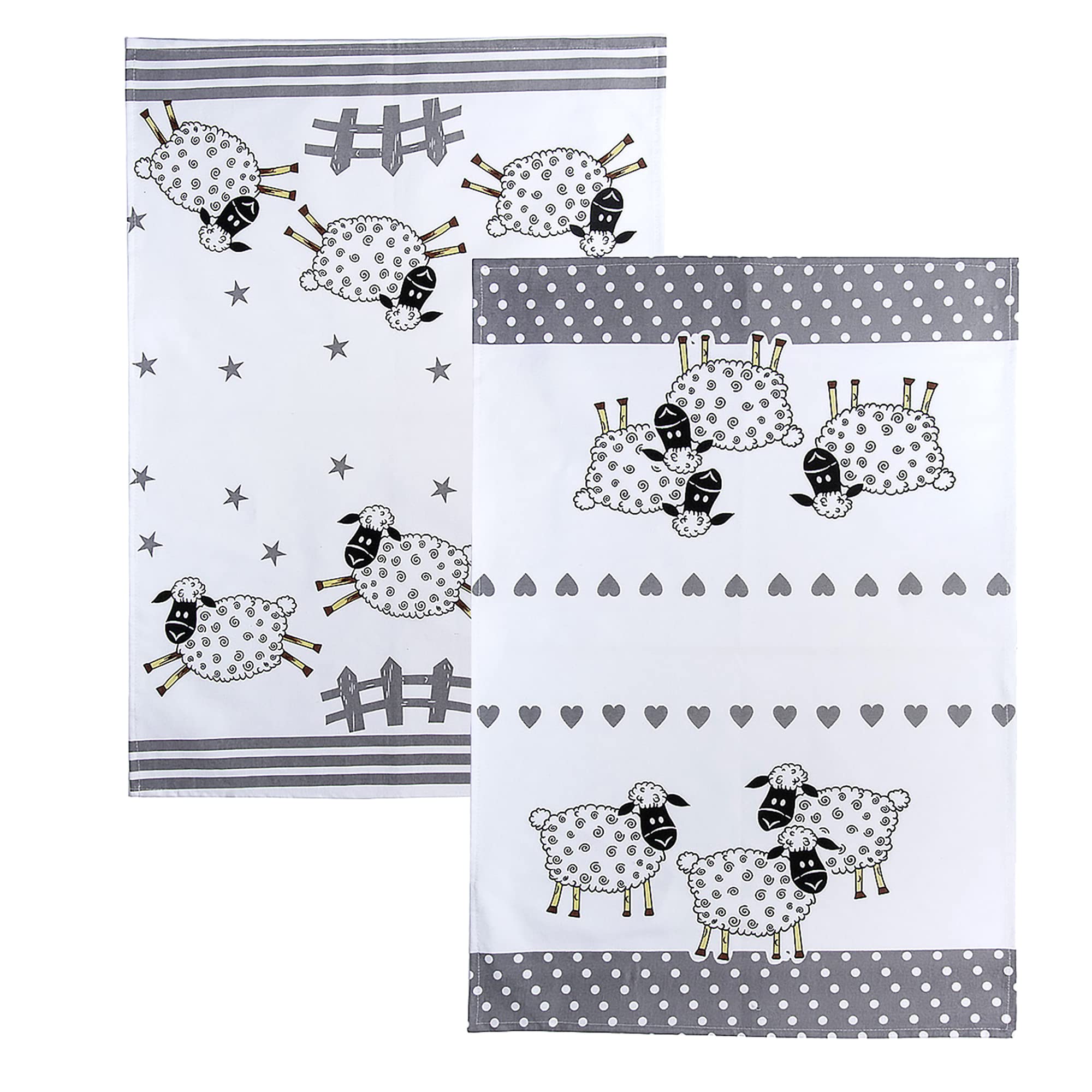 SPOTTED DOG GIFT COMPANY Tea Towels for Kitchen, Pack 2 Dish Towels 100% Cotton Absorbent, 70 x 50cm, Cute White and Black Sheep Themed Kitchen Accessories & Sheep Gifts for Animal Lovers