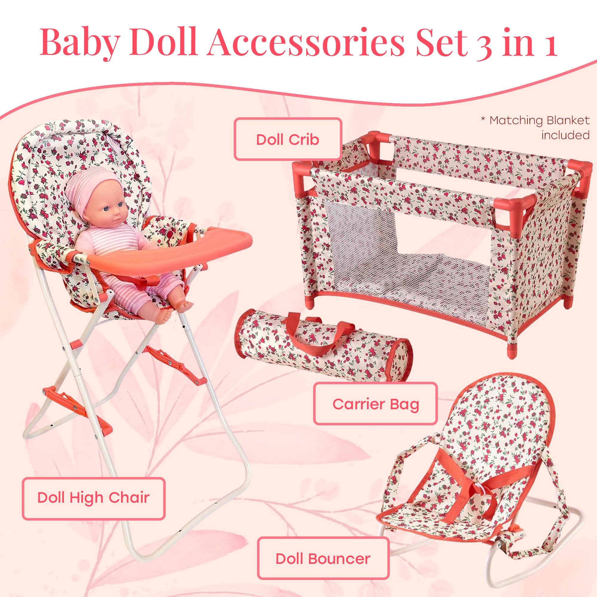 Floral Baby Doll Accessories Set, 3-1 Baby Doll Crib, Baby Doll High Chair & Bouncer Seat. 18 inch Doll Accessories with Doll Bed. 18