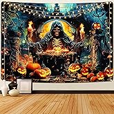 Invoibler Halloween Skull Tapestry Horror Pumpkin Tapestries Goth Witch Tapestry Moon Night Tapestry Misty Forest Tapestry Wa
