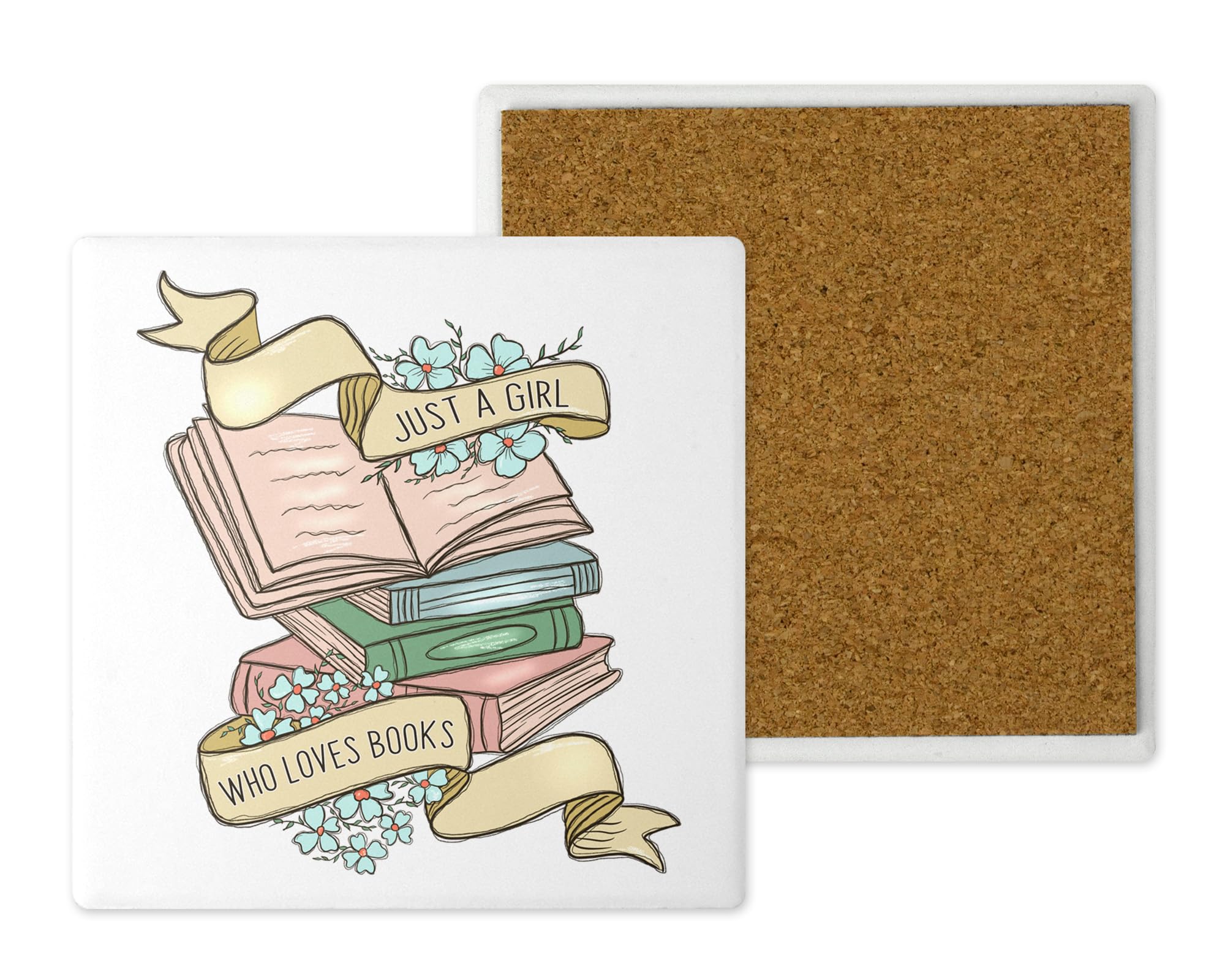 Book Lover's Ceramic Coaster – Handprinted in the UK | Unique designs for book lovers, 10cm x 10cm, Sold individually | Gift Boxed (Just a Girl)