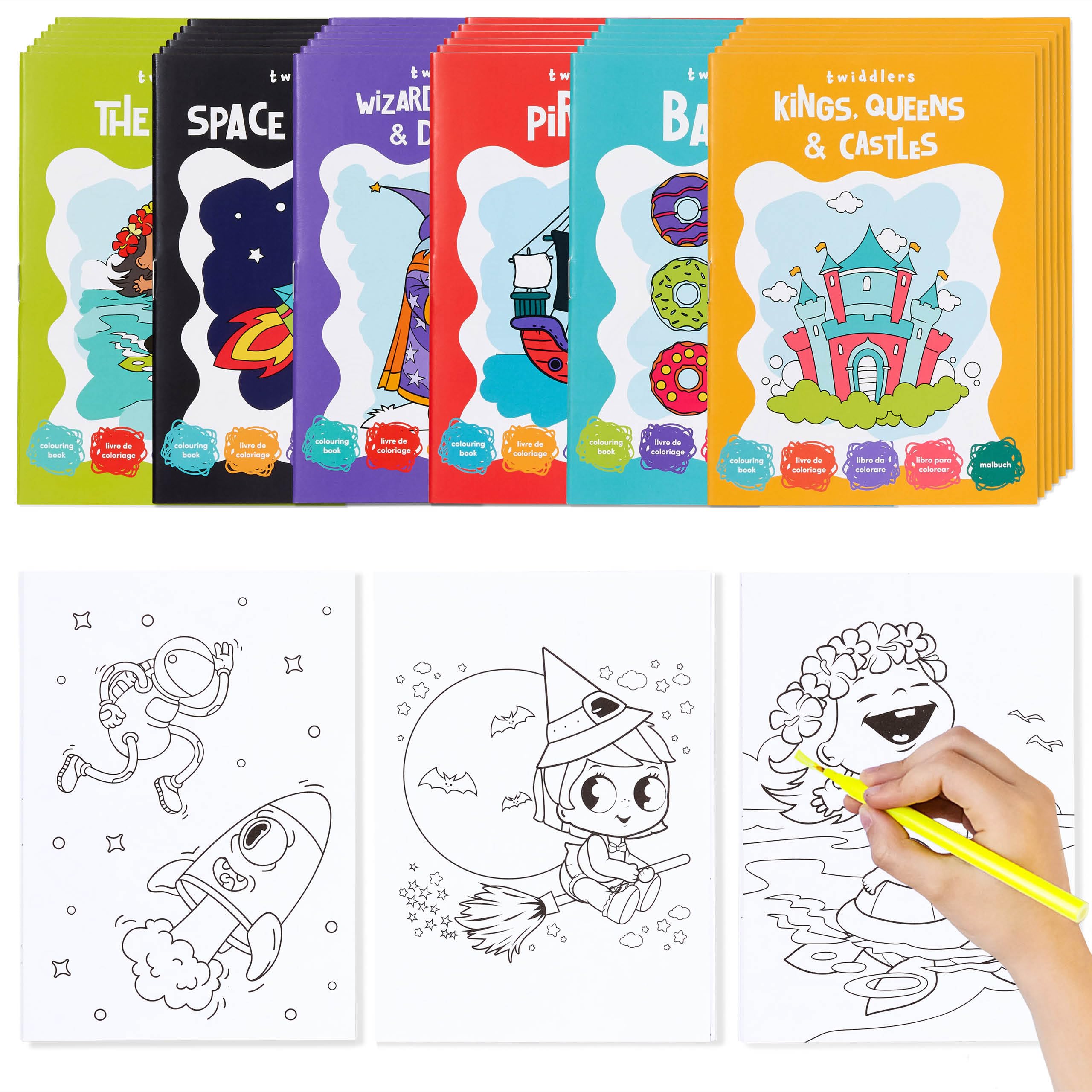 THE TWIDDLERS 24 Mini Colouring Books for Kids, A6 Pocket Size Party Bag Fillers, Assorted Fantasy Designs, Children’s Art Activity for Birthday Party Favours, Travel & Stocking Fillers