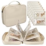 LingLingo Travel Jewelry Organizer Case,Jewelry Bags Jewelry Storage Book Binder with Clear Zipper Velvet Pouch for Traveling,Earrings, Rings, Necklace, Bracelet (White)