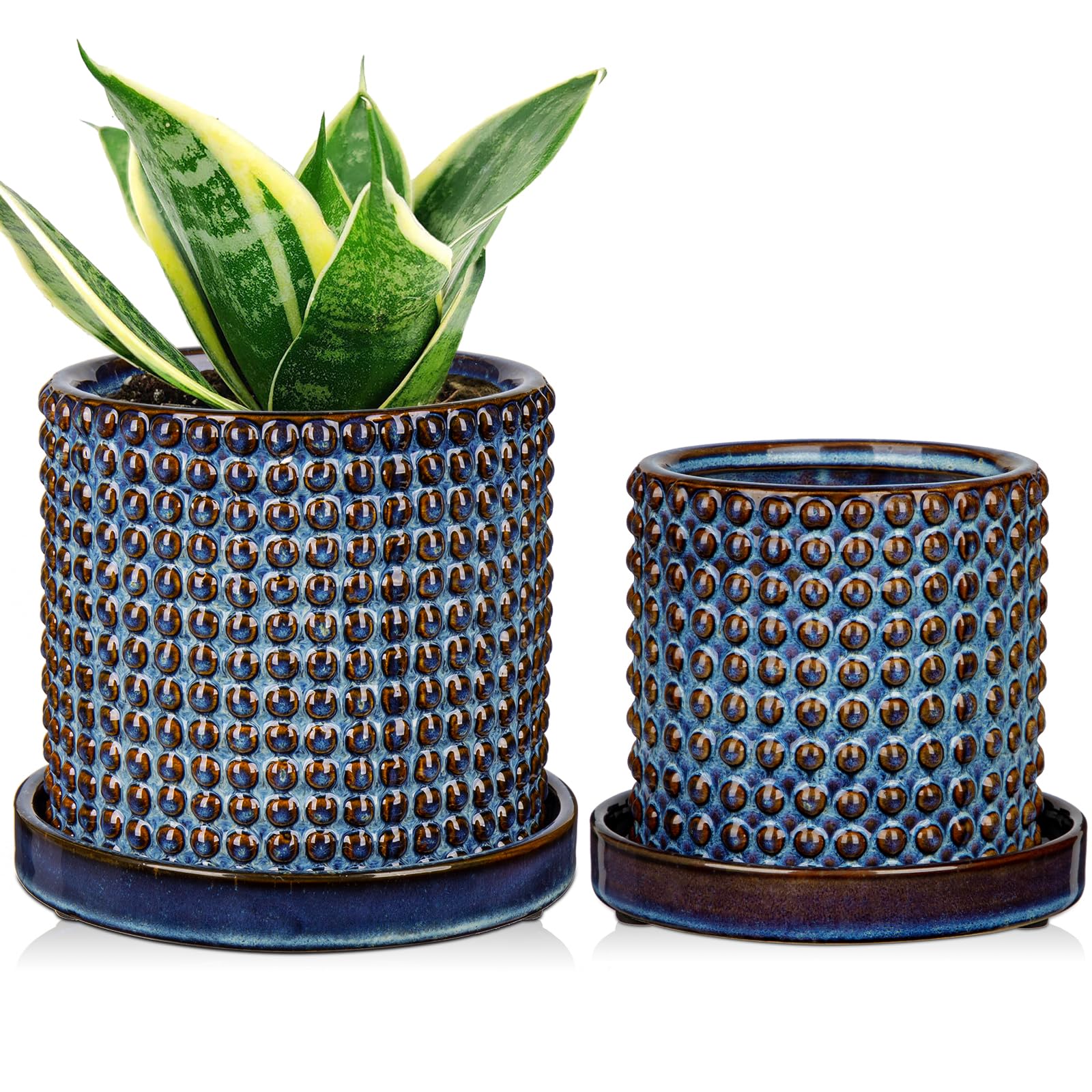 Oairse Ceramic Plant Pot 15CM + 11CM Bubble Ceramic Planter with Drainage Holes Blue Flower Pots Beaded Design Decorative Plant Pots Indoor pour Cactus Snake Plant Houseplant