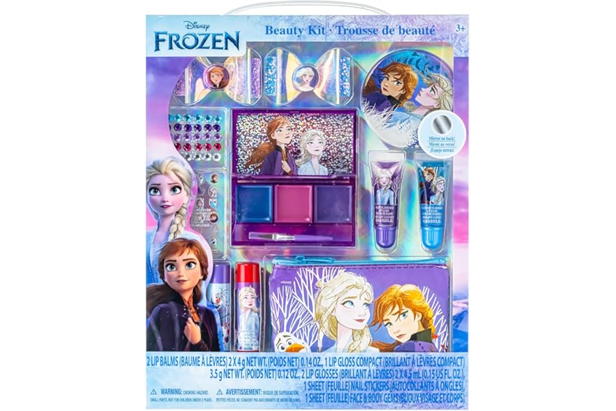 Disney Frozen Super Sparkly Cosmetic Beauty Makeup Set For Girls with Clips, Lip Gloss, Nail Stickers, Lip Balm, Nail Gems and Mirror For Parties, Sleepovers & Makeovers by Townley Girl