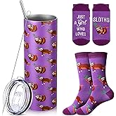 Funnymoom 2 Pack Sloth Gifts Set Skinny Tumbler 20 oz Travel Coffee Mug Novelty Socks Cute Animals Socks, Christmas Birthday Gifts for Sloth Themed Party Favors