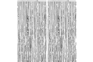 YIGHAW 2 Pack Silvery Tinsel Curtain Party Backdrop Decorations, Metallic Foil Fringe Backdrop Door for Halloween, Christmas, Birthday Graduation Wedding Party Streamers Photo Backdrop.