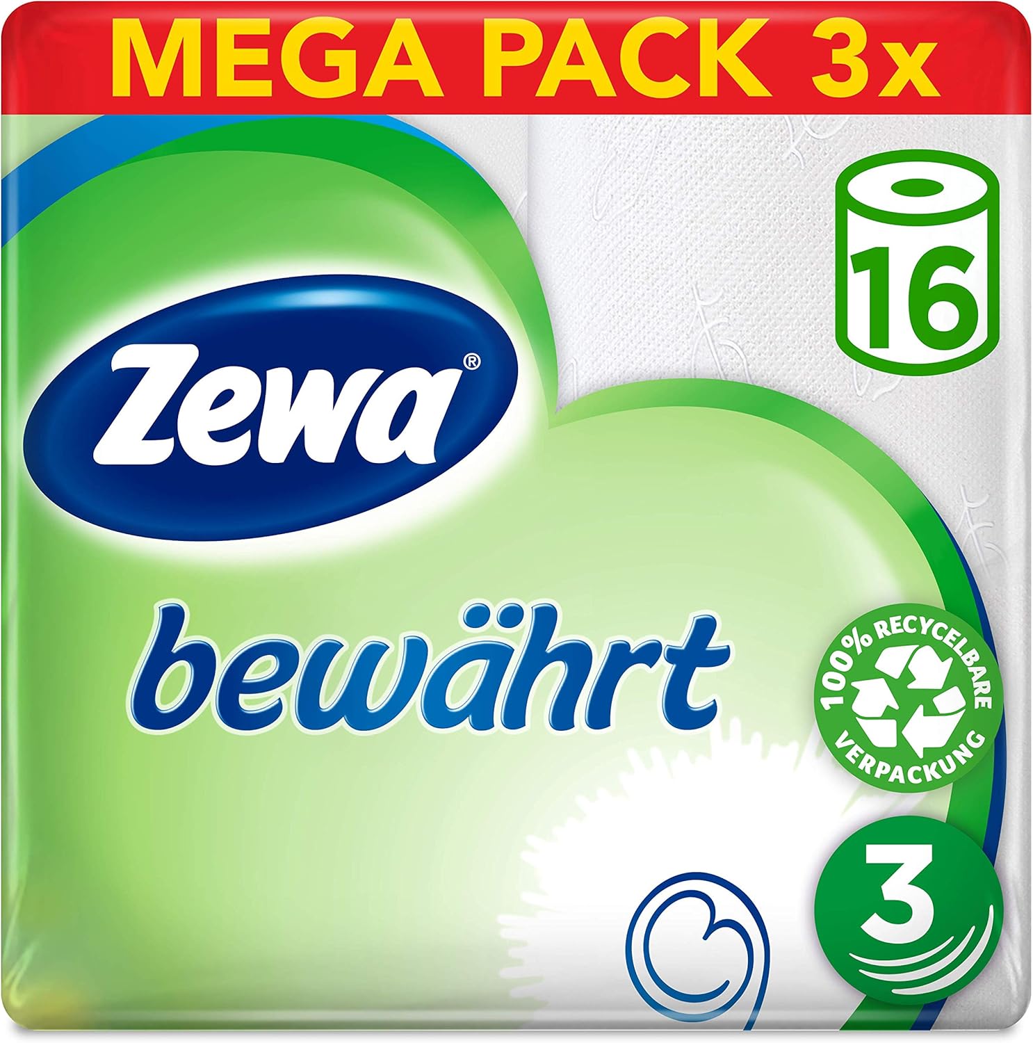 Zewa Toilettenpapier trocken bewährt, weiß, 3-lagig, 3er Pack (3 x 16 Stück)