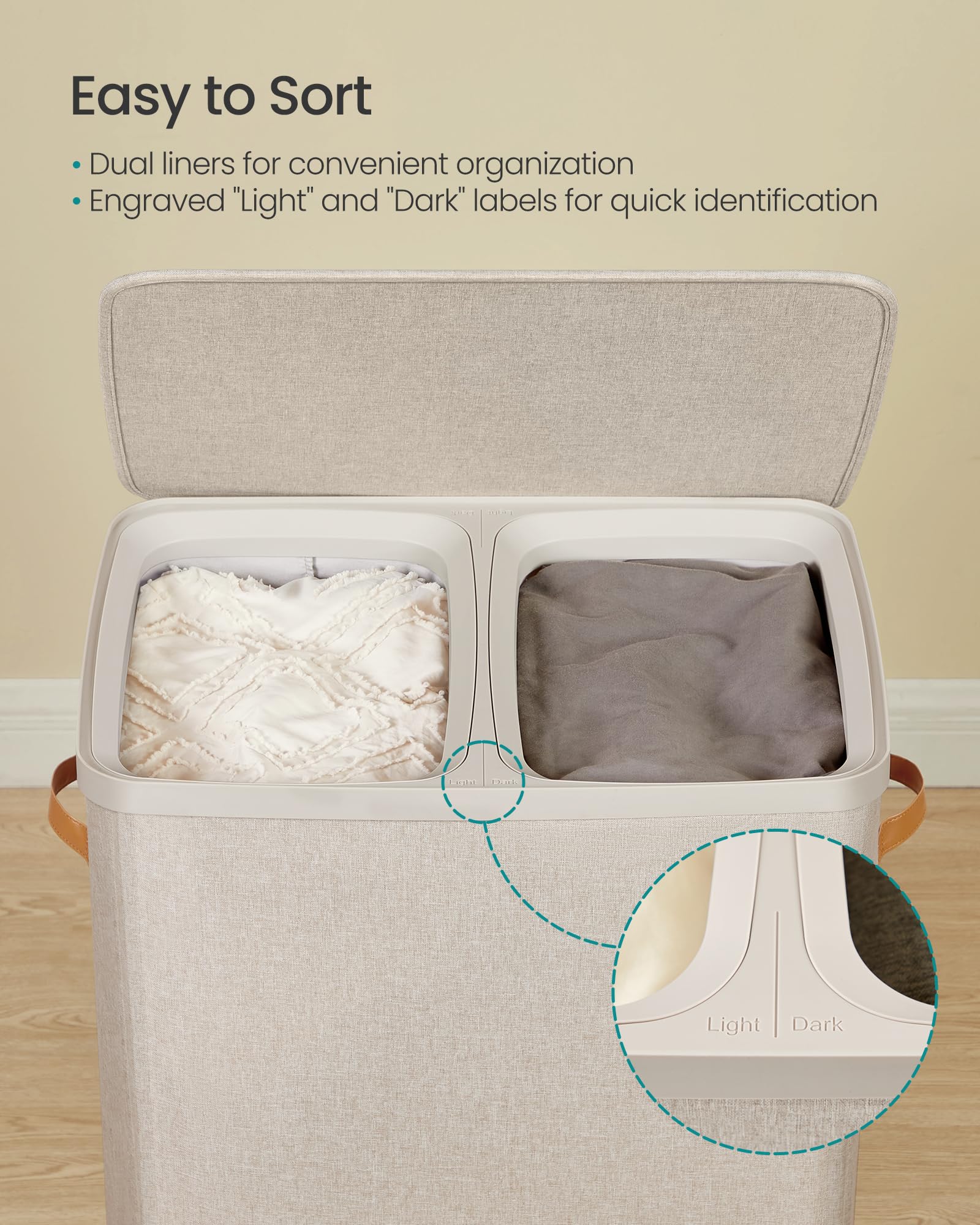 SONGMICS Laundry Basket, 44.9 Gal. Laundry Hamper, 2 Compartments, Easy Assembly, with Lid and Handles, Removable Inner Bags, 22 x 15.7 x 29.5 Inches, Cappuccino Beige ULCB813L01