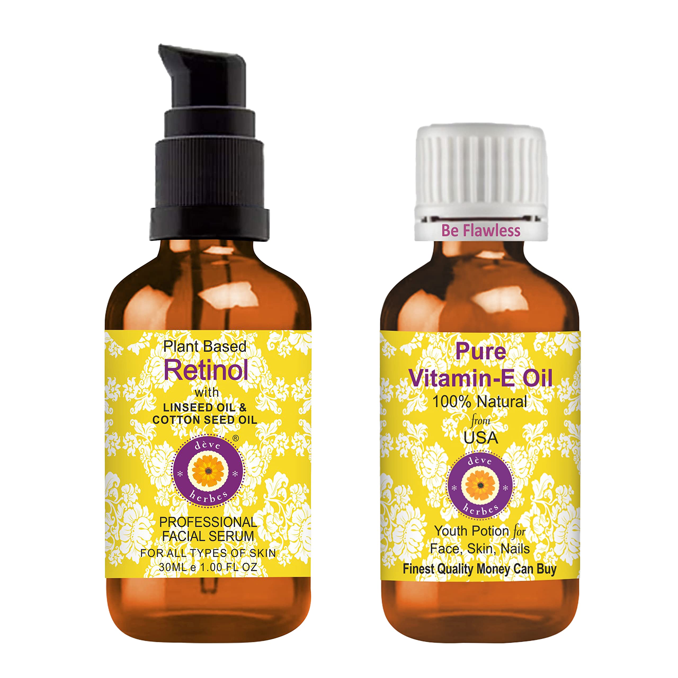 Deve Herbes Plant Based Retinol Face Serum with Bakuchi Oil, Linseed, Cotton Seed Oil & Liquorice Root Extract for Personal Care 30ml (1 oz) + Pure Vitamin E Oil 30ml (1 oz)