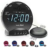 Sonic Alert Sonic Bomb Dual Alarm Clock with Bed Shaker, Black Vibrating Alarm Clock Heavy Sleepers, Battery Backup | Wake with a Shake