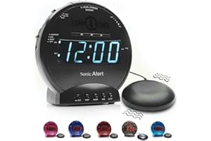 Sonic Alert Sonic Bomb Dual Alarm Clock with Bed Shaker, Black Vibrating Alarm Clock Heavy Sleepers, Battery Backup | Wake with a Shake