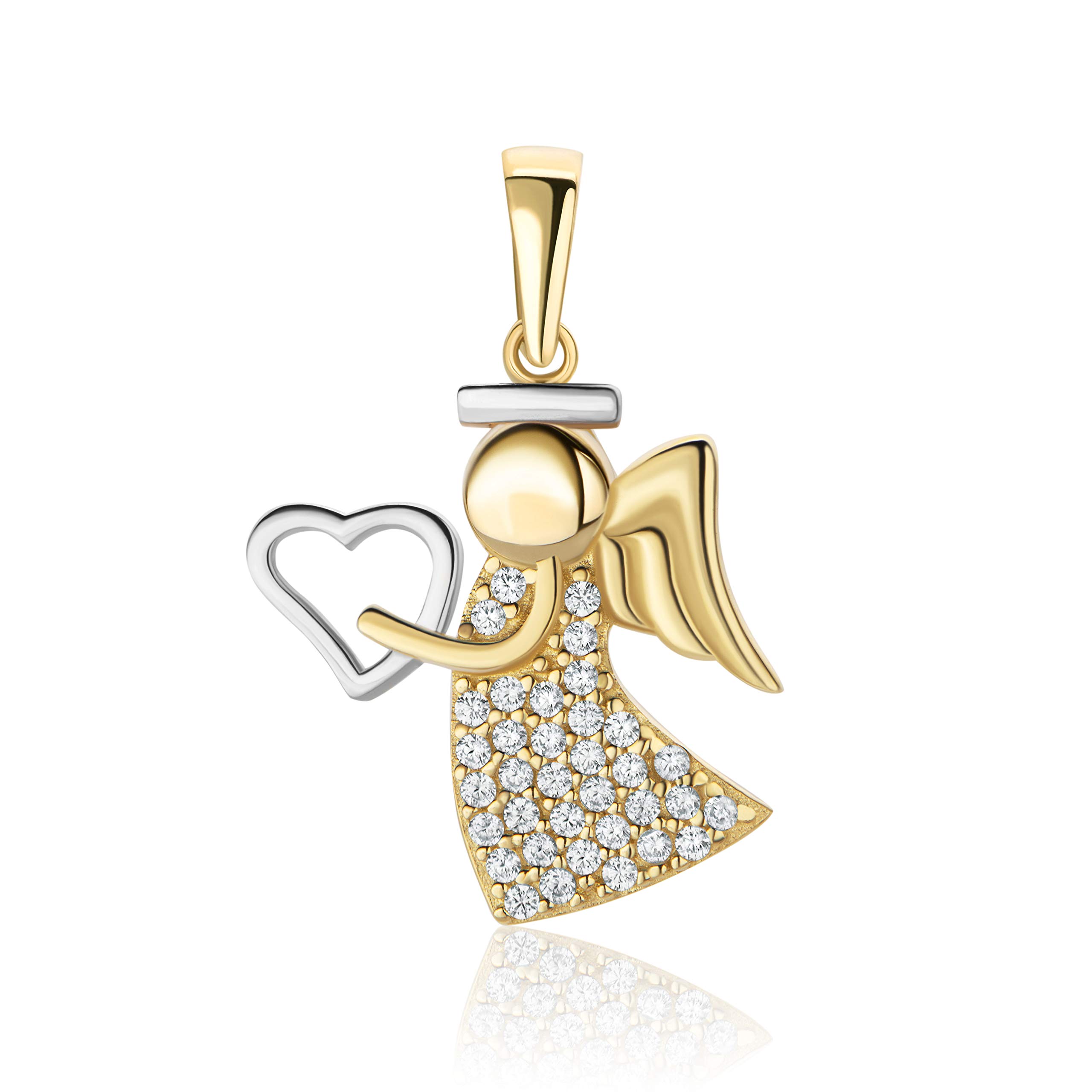 14 Carat 585 Bicolour Gold Protection Angel with Zirconia Stones Pendant, Gold, Cubic Zirconia