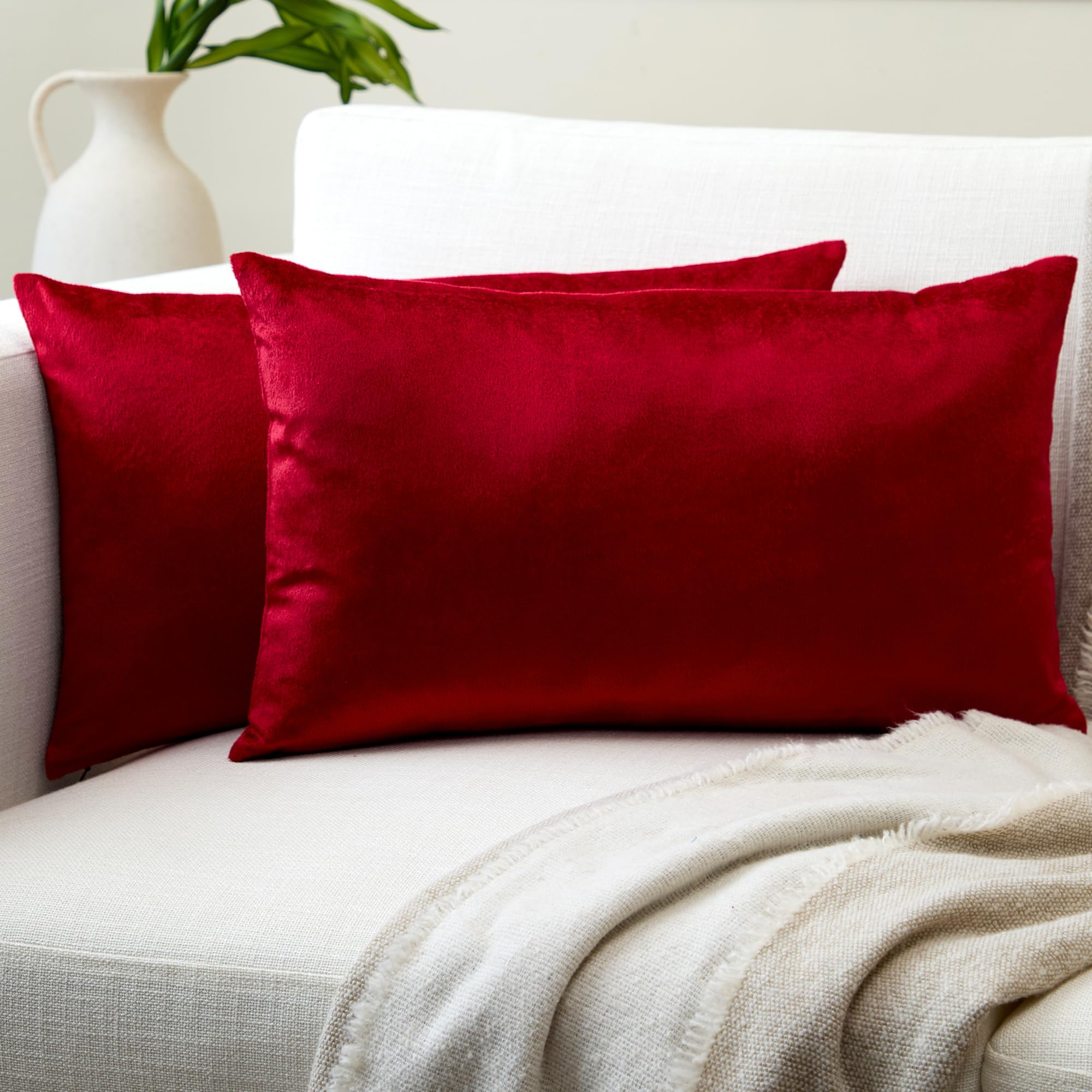 Encasa XO Velvet Cushion Covers (30x50 cm) Set of 02 | Red | Luxurious Square Velvet Throw Pillow Covers With Invisible Zippers | Living Room, Sofa, Chair