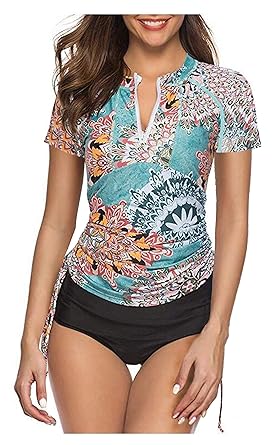 Caracilia Damen Kurzarm Reißverschluss vorne Sonnenschutz Rashguard Längenverstellbarer Badeanzug