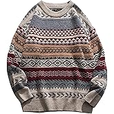 Arssm Mens Vintage Sweater Grandpa Oversized Cable Knit Crewneck Pullovers Casual Long Sleeve Striped Sweater(Red-M)