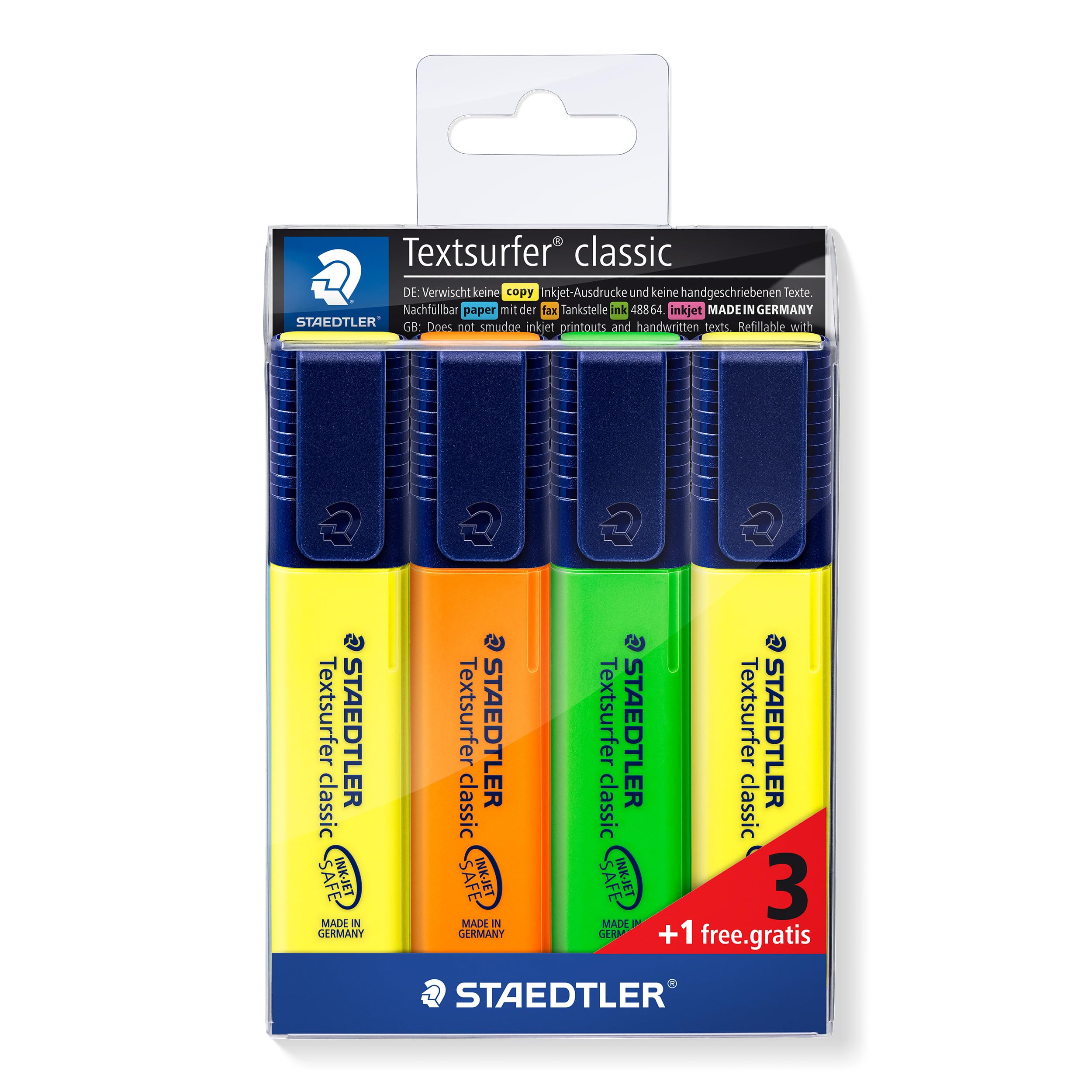 STAEDTLER 364-S WP4P Textsurfer Classic Highlighter Bonus Pack - Assorted Colours (Pack of 3 + 1 FREE)