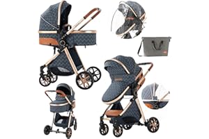 SUPPERBEBE 2 in 1 Baby Stroller with Bassinet Convertible Reversible Standard Baby Pram Portable Pushchair Infant Buggy Baby Carriage Foldable High Landscape Pram for Toddler Newborn (2USV9-BLUE)