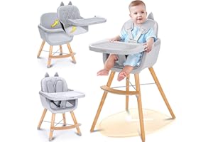 CoziBB 4-in-1 Baby High Chair, Convertible Easy-to-Clean Wooden Highchair for Infant, Kids& Children, 3 Position Tray, Leatherette Seat, Modern and Compact Design, Grey