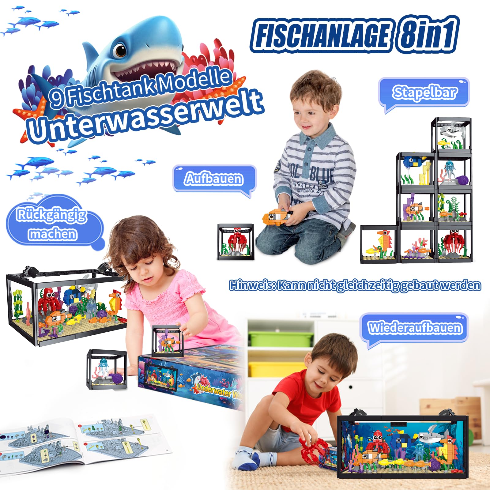 8-in-1 Aquarium Fish Tank Baustein mit LED Licht, einschließlich Meeresquallen, Fischen, Tierbauspielzeug, Geburtstag Weihnachten Geschenk für Erwachsene Kinder Jungen Mädchen ab 6 8 10 12+ Jahren 2