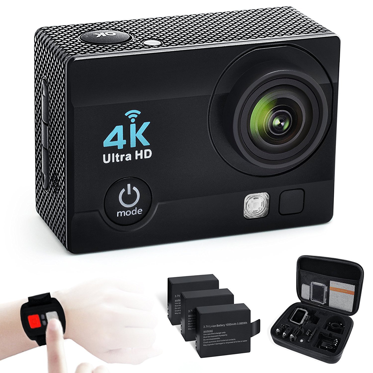 Omkm Sport Action Camera 4K 16MP WiFi Waterproof Action Cam 170 Degree Wide Angle with 3 Rechargeable Batteries and 2.4G Remote Control 19 Mounting Kits with Portable Package Black