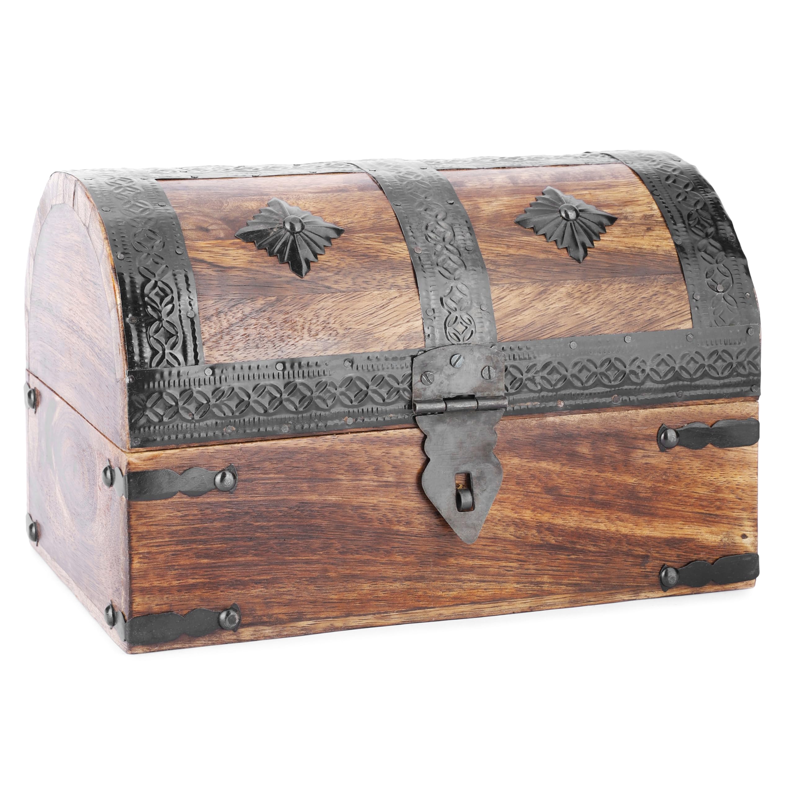 Ajuny Wooden Pirate Treasure Chest Jewellery Box 9 x 6 in (23 x 15 cm) – Handmade Mango Wood Keepsake with Shell Inlay, Vintage Decorative Trinket Organiser, Gift for Women & Men