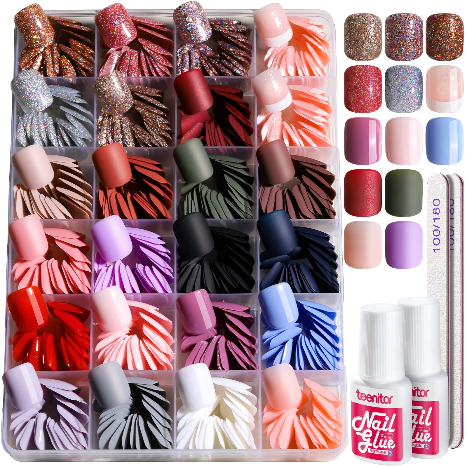 Teenitor Short Press On Nails, 576Pcs Short Square Press On Nails Kit with Matte, Glossy, Glitter, and French Designs, Fake Nails with Glue on Nails Short, Press on Nails Short