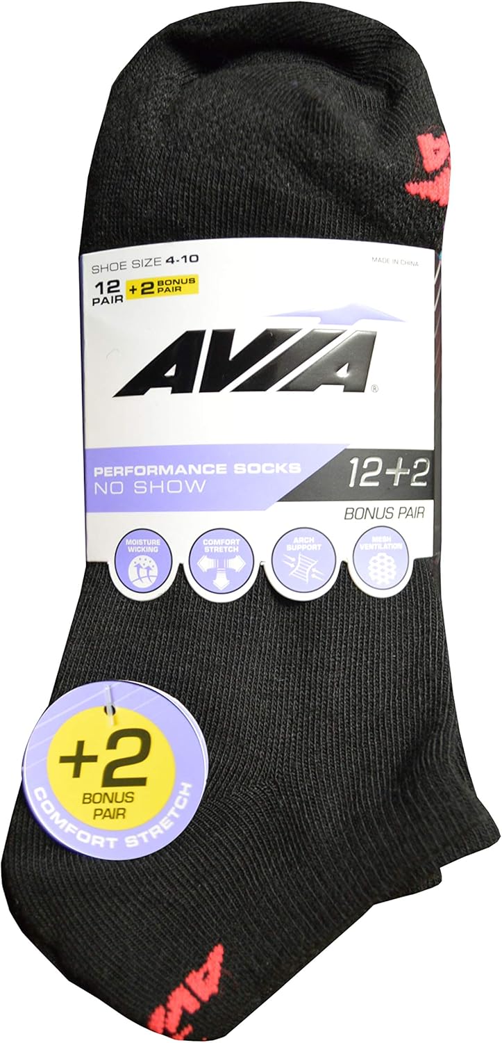 Black, Size 9-11, Fits Shoe Size 4-10 Avia Womens Liner Low Cut Performance Socks 14 Pack