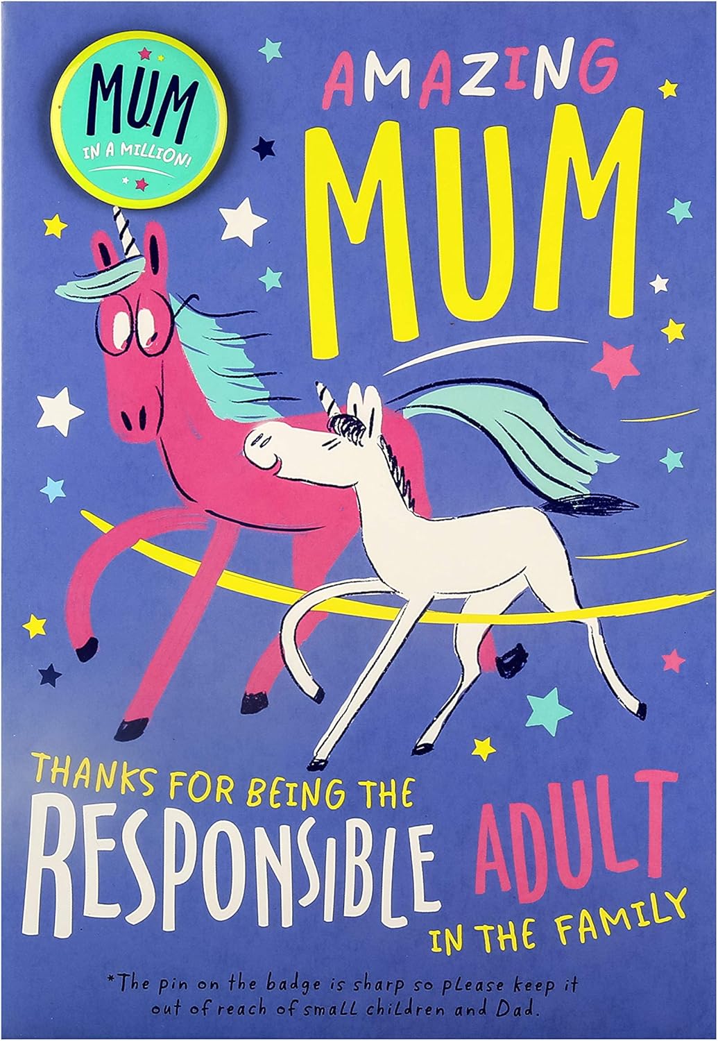 Hallmark Mother's Day Card for Mum - Neon Unicorn with "Mum in a Million" Badge, Pink, 22.8cm x 15.9cm