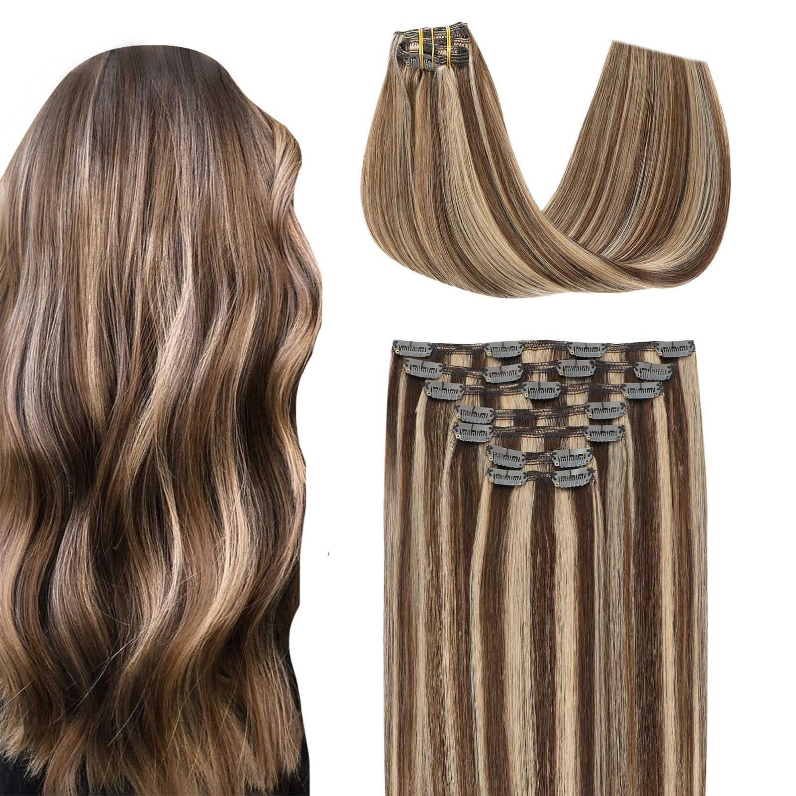 SURNEL Extensions Clip in Human Hair Balayage Mixed Color 4 Chocolate Brown to Highlighted 27 Dark Blonde Hair Extensions For Women 7 Pcs 14 inch 140g (7C#4P27-14) — image 1