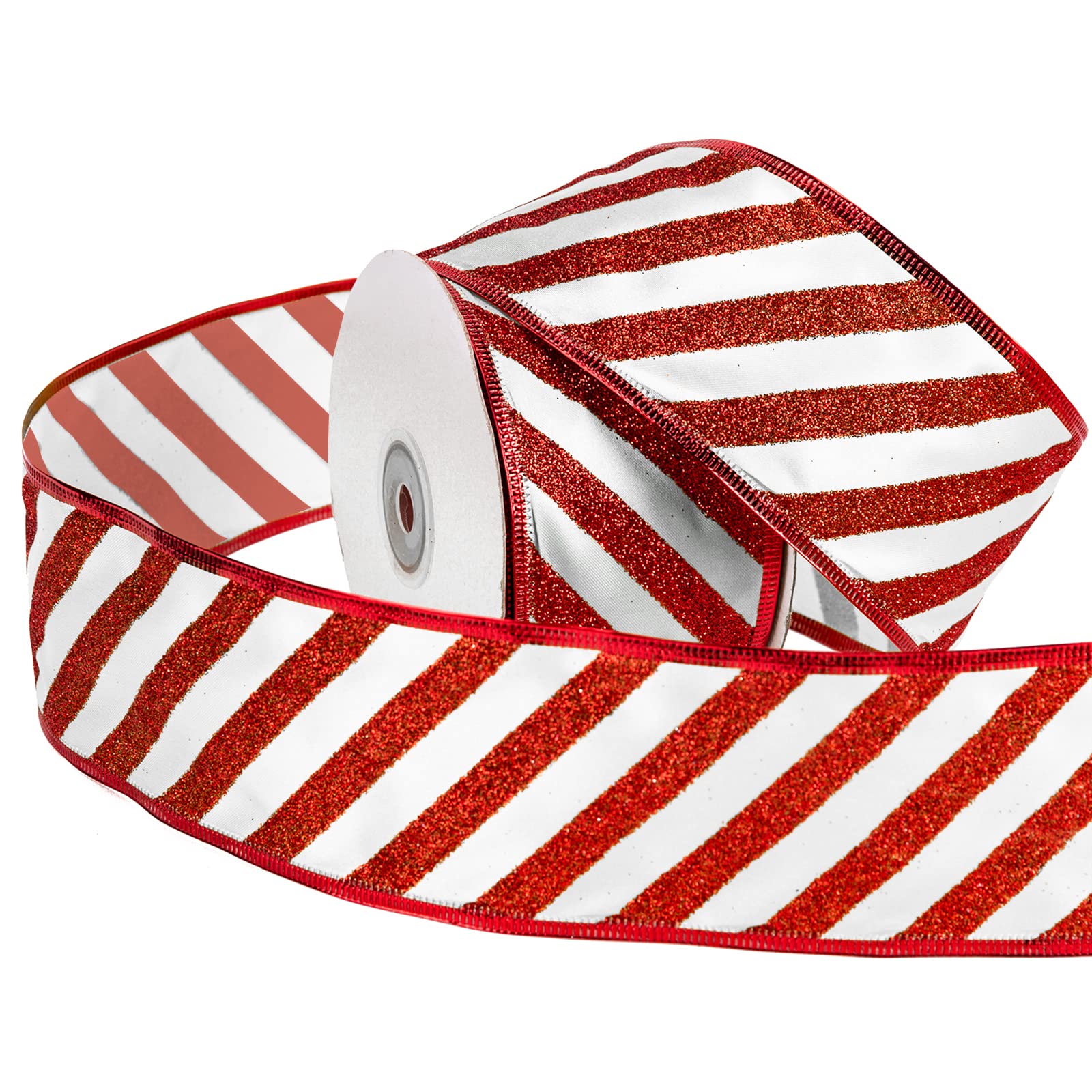 RUSPEPA Wired Christmas Holiday Ribbon - Red and White Stripe Ribbon - 63 mm x 22 m Each Roll - Red Wired Edge
