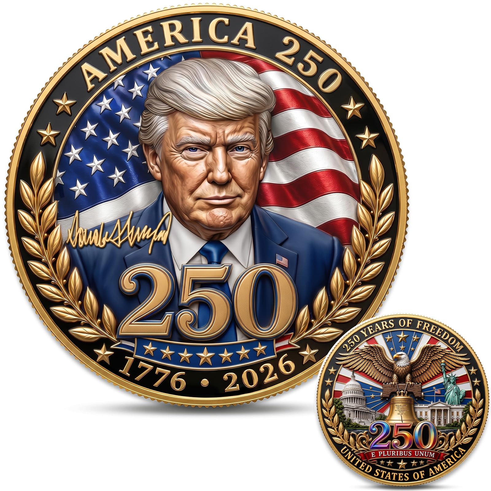 Trump America 250th Anniversary Challenge Coin, 1776-2026 Patriotic Token | Double Sided USA Freedom Medallion with Patriotic Eagle, Flag, Liberty Bell and Capitol, Gift for Men