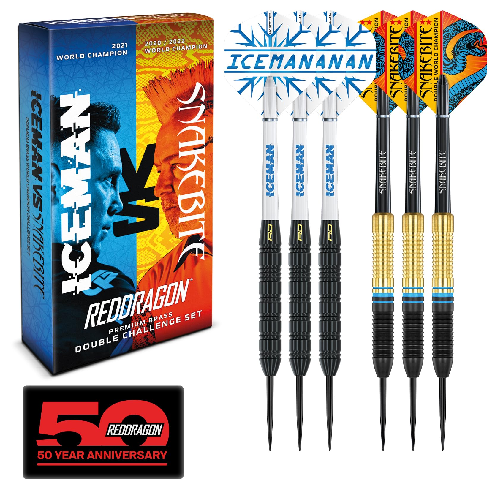 RED DRAGON Darts - Peter Wright 'Snakebite' v Gerwyn Price 'Iceman' DWC - Professional Brass Darts Set with Dart Flights and Shafts (Stems)