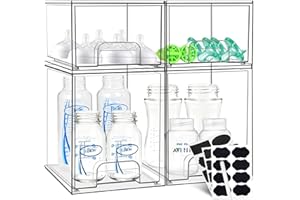 QUNLAND Baby Bottle Organizer, Stackable Storage Drawers with Chalkboard Labels, Clear Station Organizer Container for Bottles, Pacifiers, Pump Parts, Baby Bottle Organizers for Countertop and Cabinet, 4 Pack